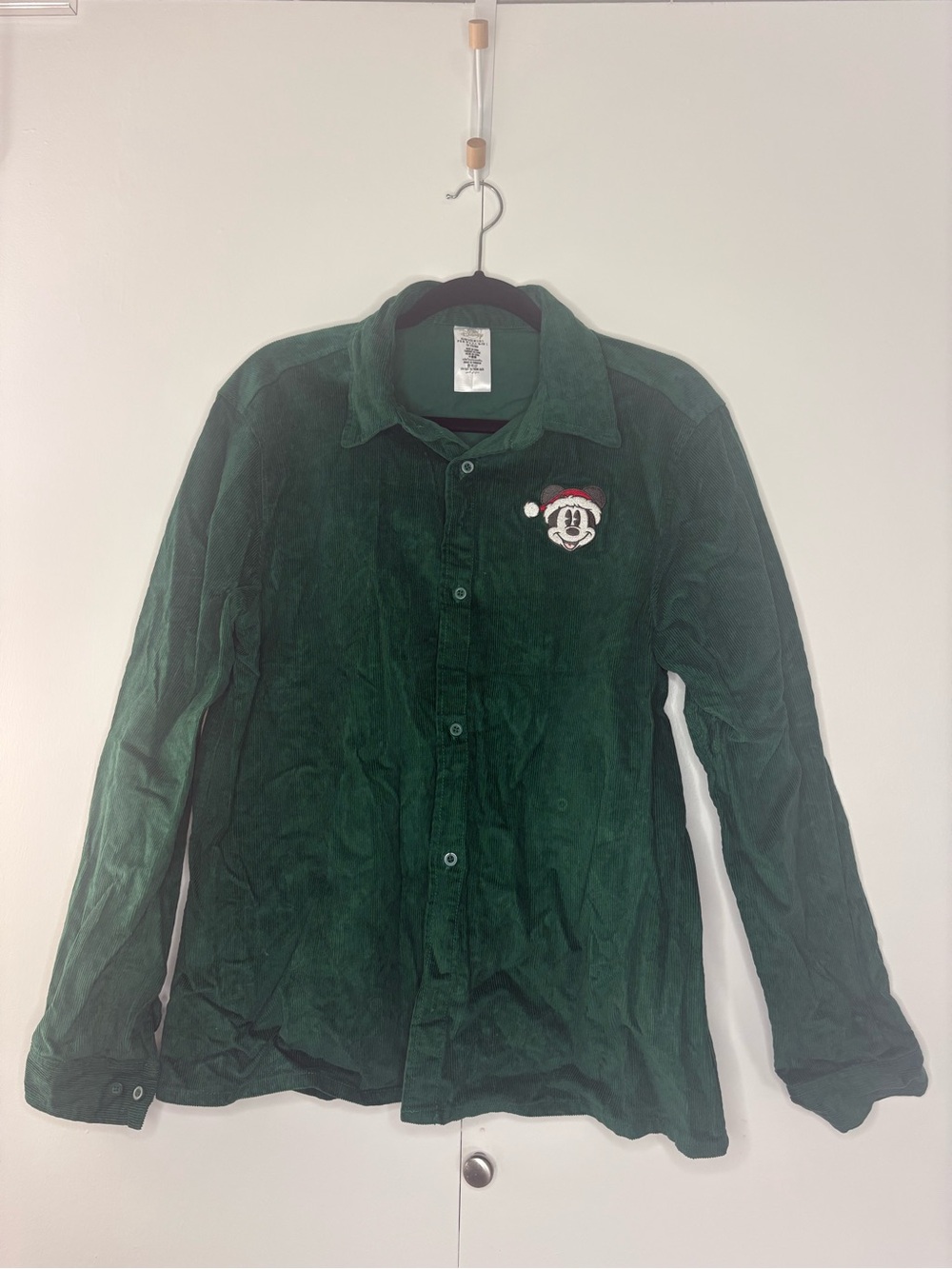 Green Corduroy Long-Sleeve Button Up Shirt with Holiday Santa Mickey Patch